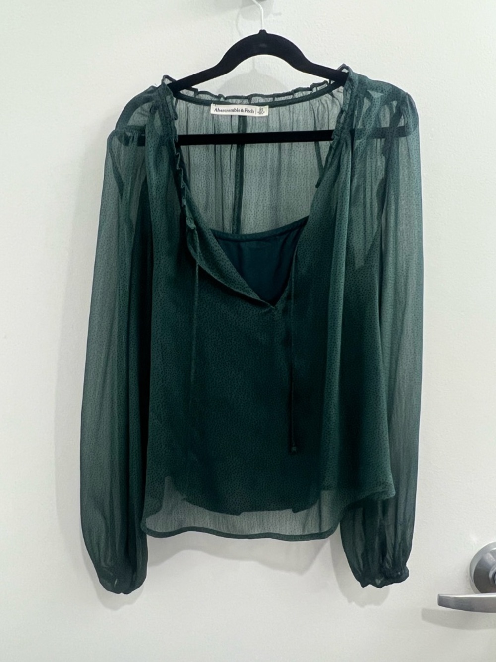 Abercrombie & Fitch Dark Green Sheer Tie-Neck Blouse